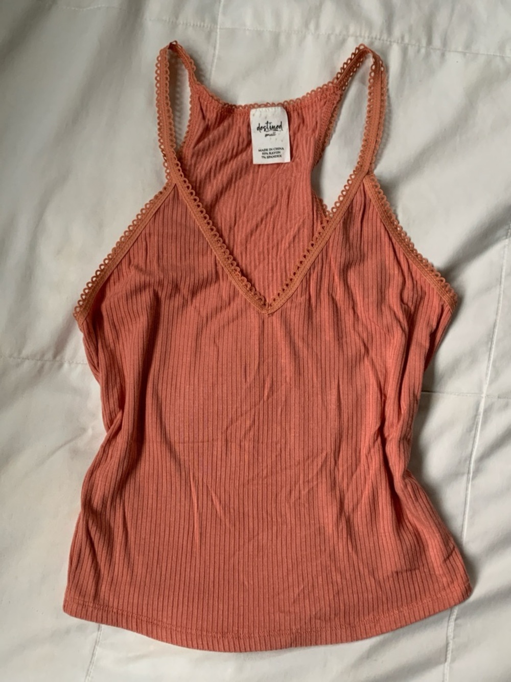 Coral pink ribbed lace-trim cami tank top -
